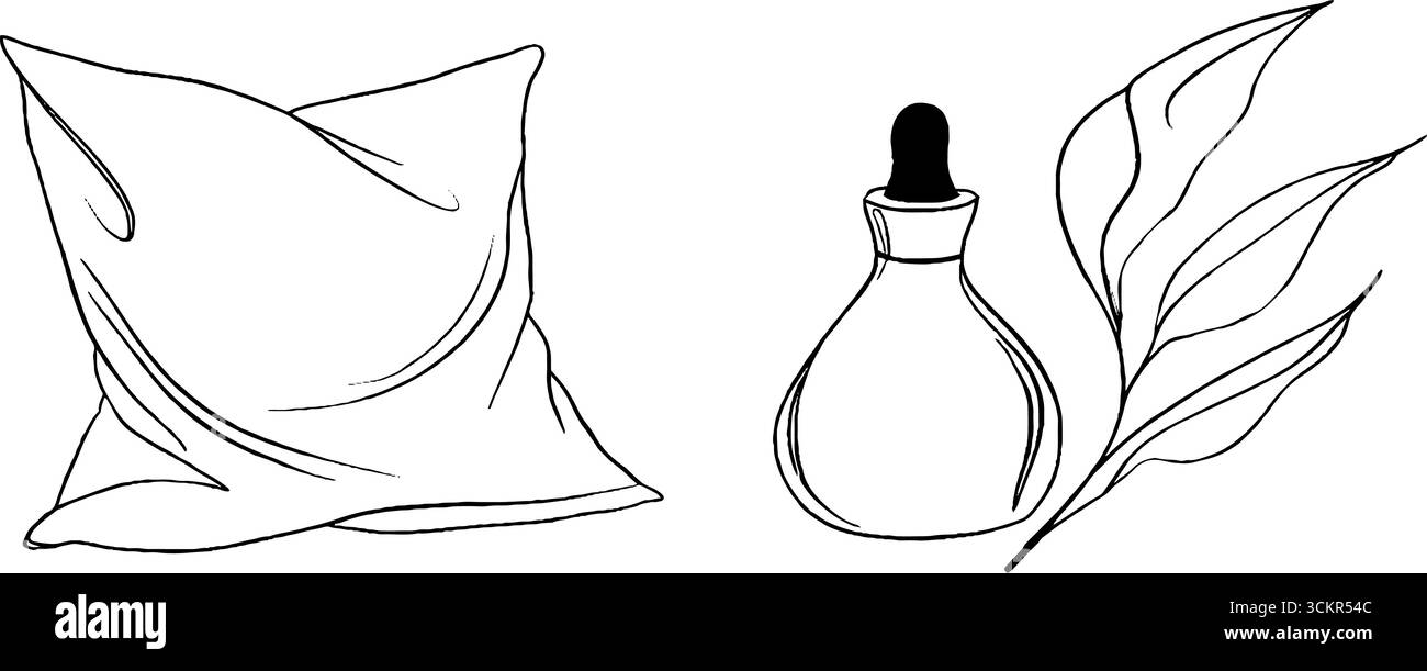 Elegante cuscino in raso con bottiglia di olio essenziale e foglia per il design degli interni. Illustrazione Vettoriale