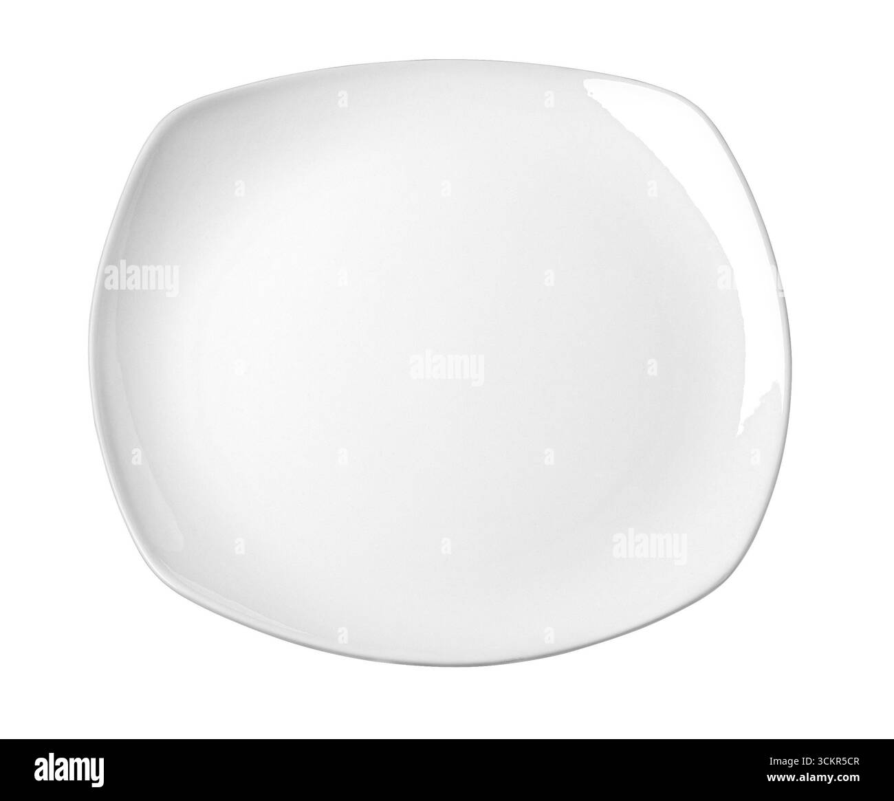 Piatto quadrato bianco pulito e vuoto con angoli arrotondati, perfetto per mostrare le creazioni culinarie su uno sfondo trasparente Foto Stock