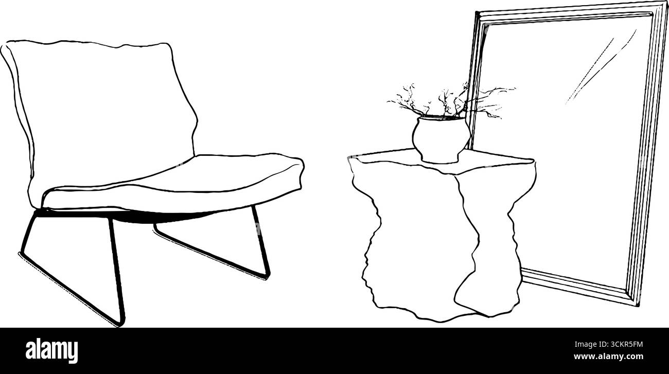 Set artistico di linea contemporanea con sedia scultorea ed elementi decorativi per l'ispirazione del design degli interni. Illustrazione Vettoriale