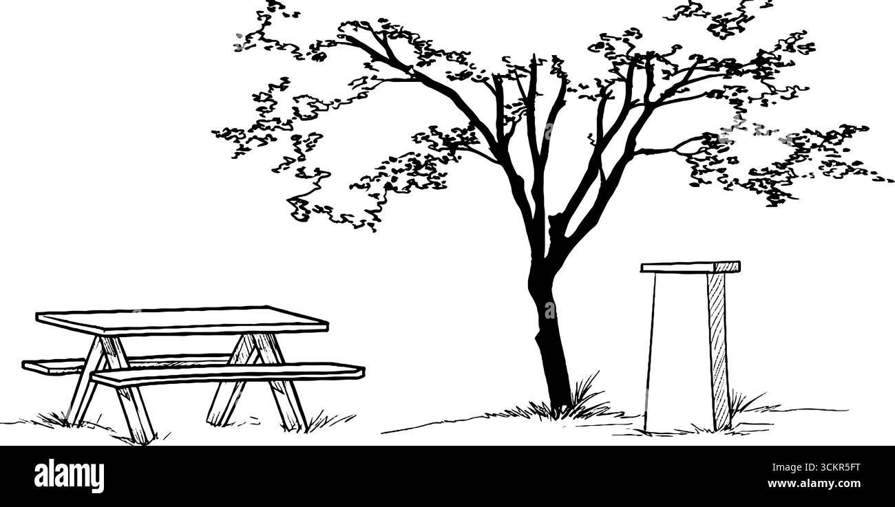 Picnic e scena naturale sono in linea con l'illustrazione artistica con tavolo e albero per progetti di design creativo. Illustrazione Vettoriale