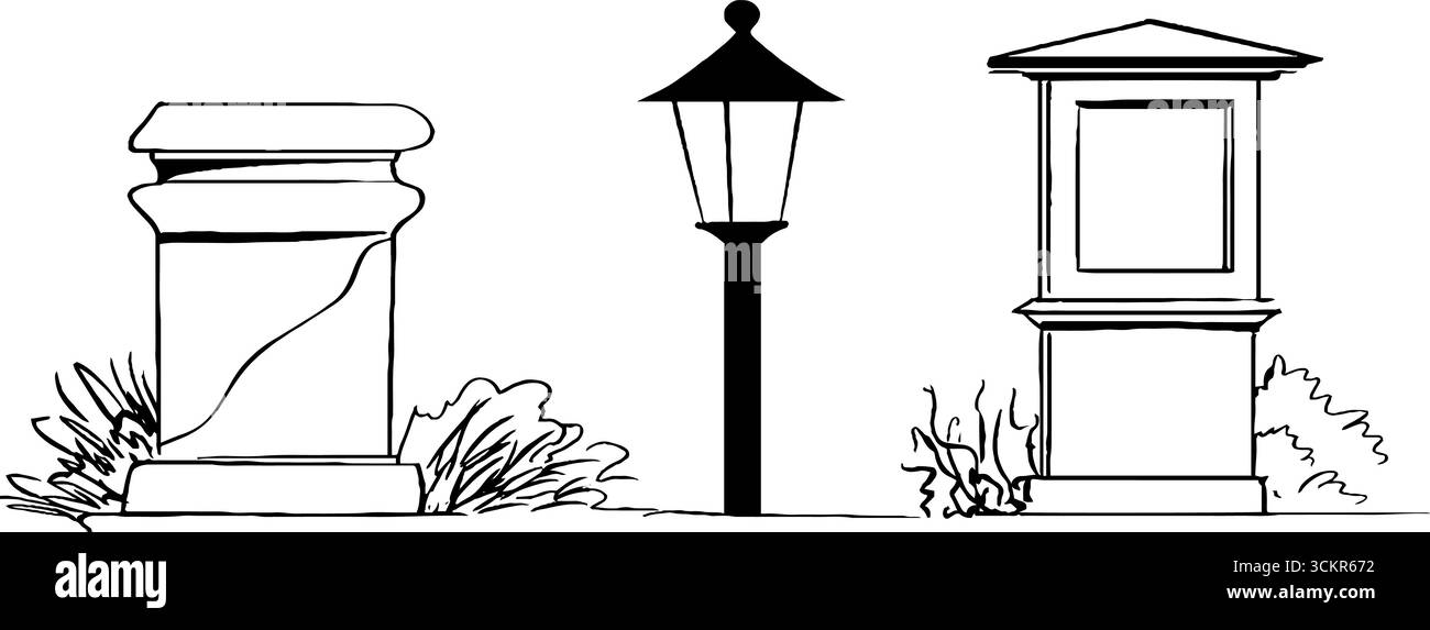 Arte della linea di infrastrutture urbane: Design di marciapiedi, dissuasori e lanterne rialzati. Illustrazione Vettoriale