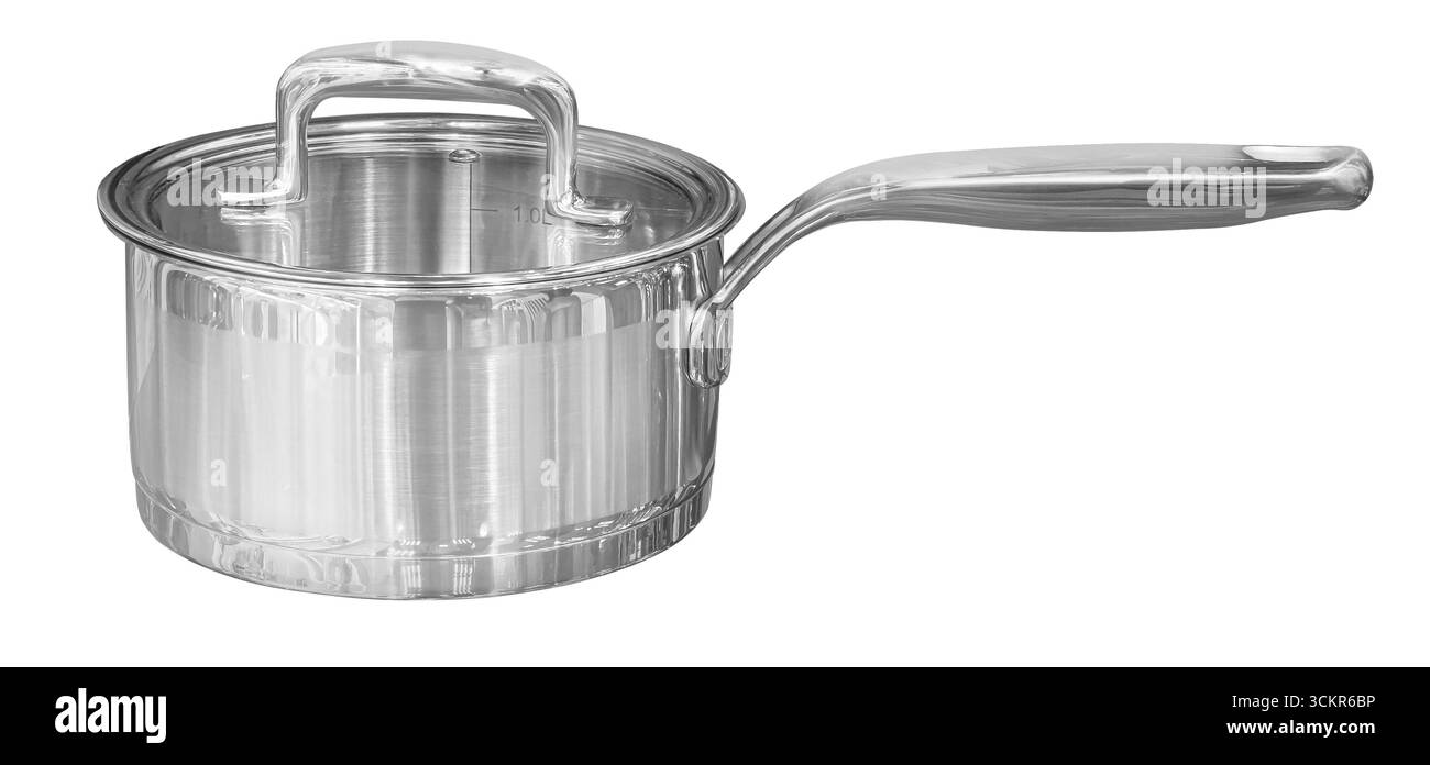 Pentola in acciaio inox lucido con coperchio in vetro, isolata su sfondo trasparente, pronta per creazioni culinarie Foto Stock