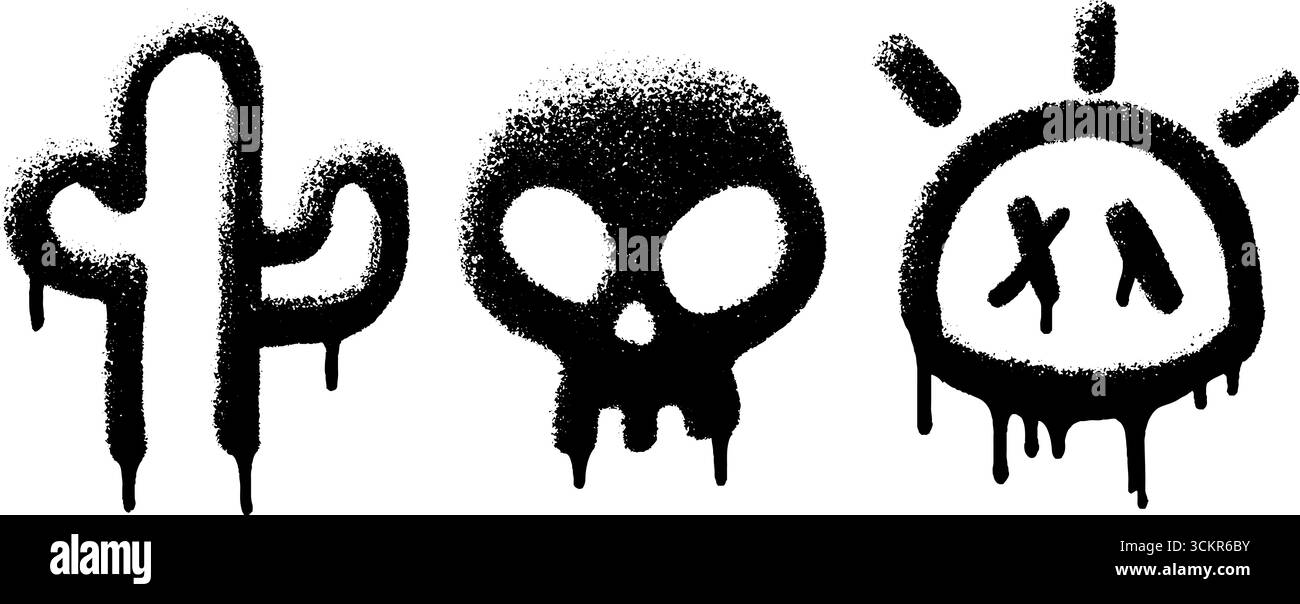 Graffiti urbani nel deserto con temi di cactus, teschio e sunbeam per un design creativo. Illustrazione Vettoriale