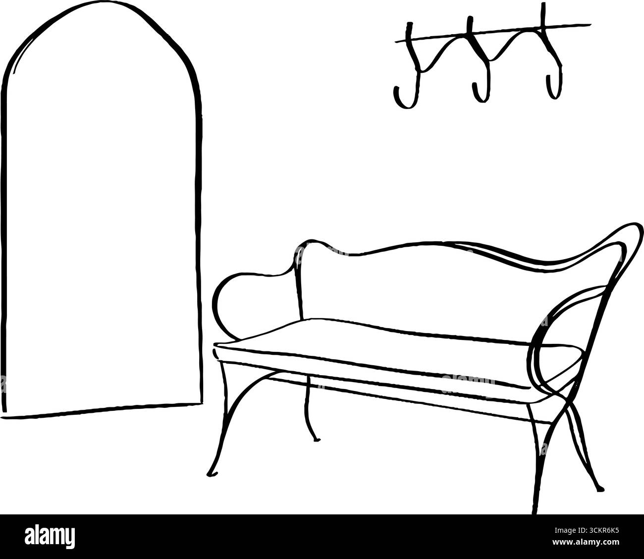 Illustrazione in stile minimalista della panca scultorea e degli elementi decorativi degli interni. Illustrazione Vettoriale