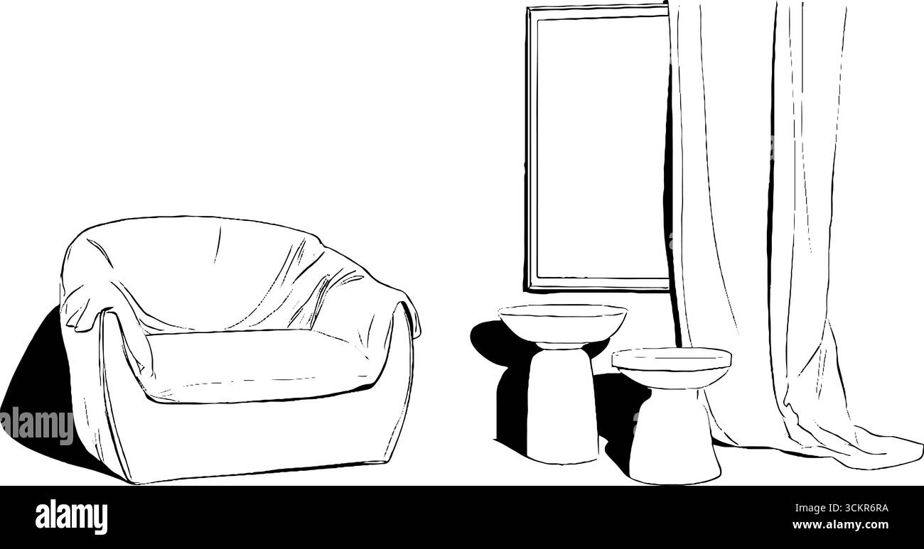 Set artistico di linea minimalista con sedia scultorea ed elementi di arredo moderni. Illustrazione Vettoriale