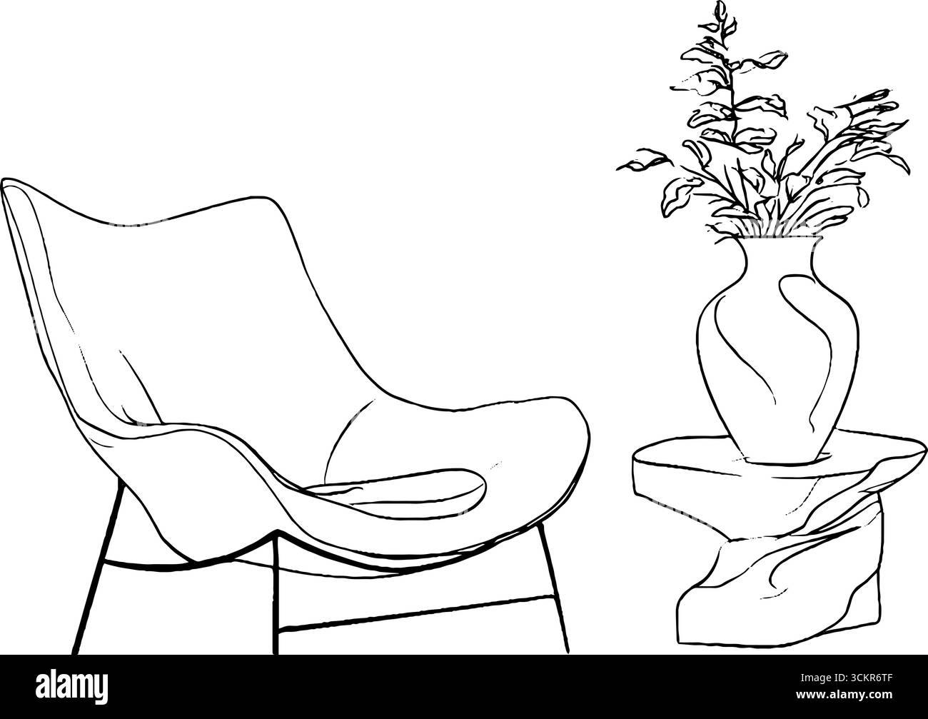Sedia scultorea minimalista con vaso per ispirare il design degli interni. Illustrazione Vettoriale