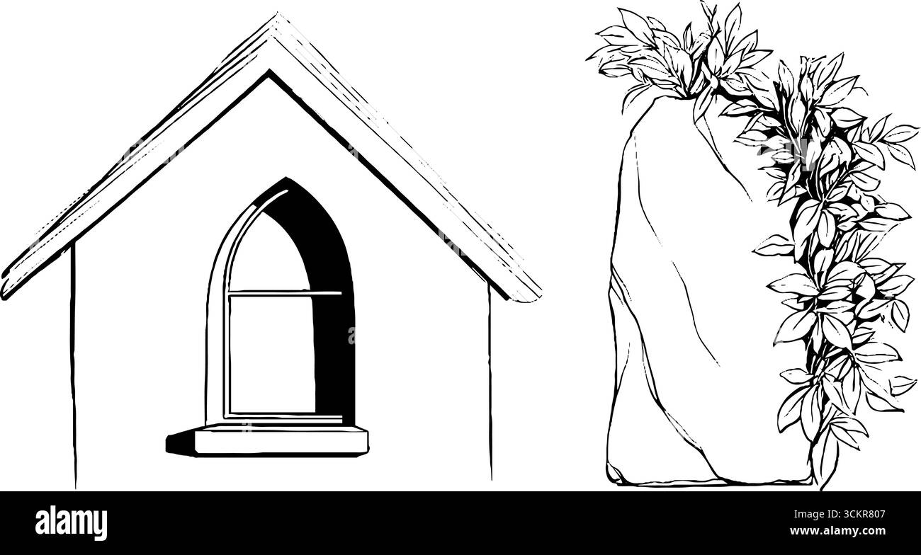 Set di illustrazioni artistiche in linea architettonica con finestra a punta e pietra decorativa con fogliame. Illustrazione Vettoriale