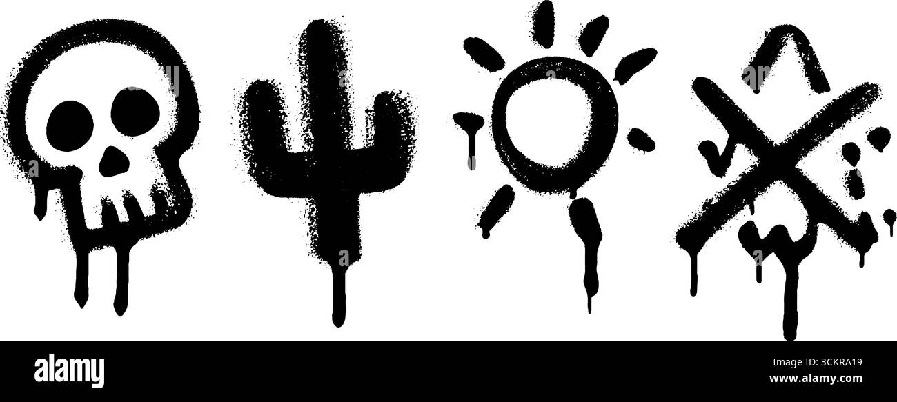 Graffiti nel deserto con motivi di cactus, sunbeam e teschio per un design creativo. Illustrazione Vettoriale