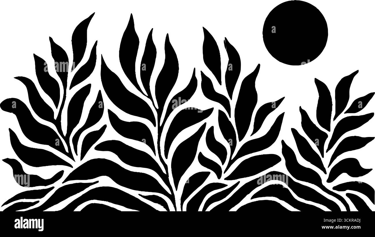 Design minimalista in bianco e nero con paesaggio collinare illuminato dalla luna per lo sfondo e l'arredamento. Illustrazione Vettoriale