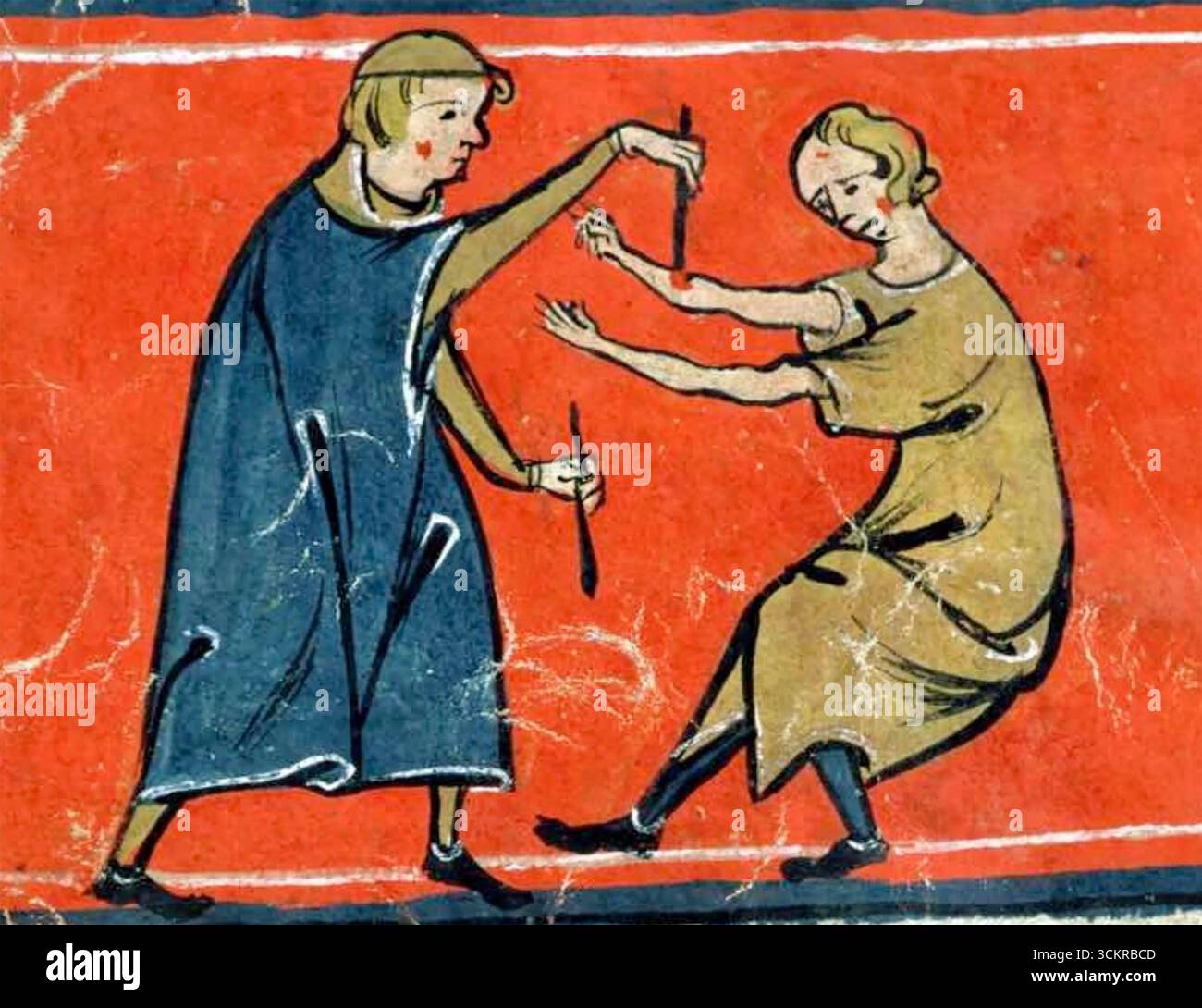 MEDICINA MEDIEVALE cauterizzando una ferita del libro francese di chirurgia del XIV secolo di Rogier de Salerne Foto Stock