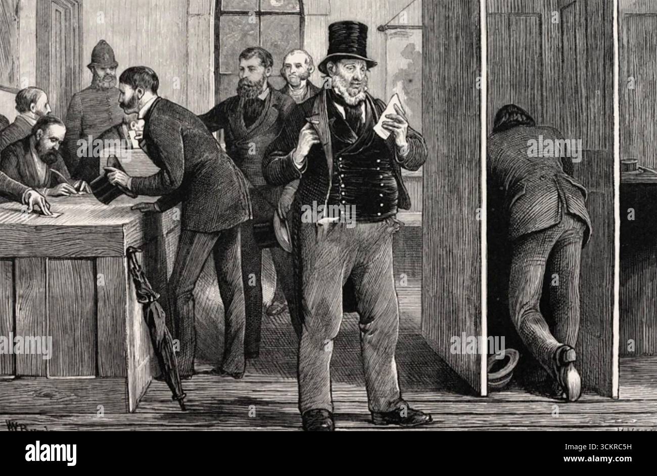 BALLOTTAGGIO BRITANNICO 1872. Cartone animato contemporaneo che mostra gli elettori che usano le loro schede segrete per la prima volta. Foto Stock