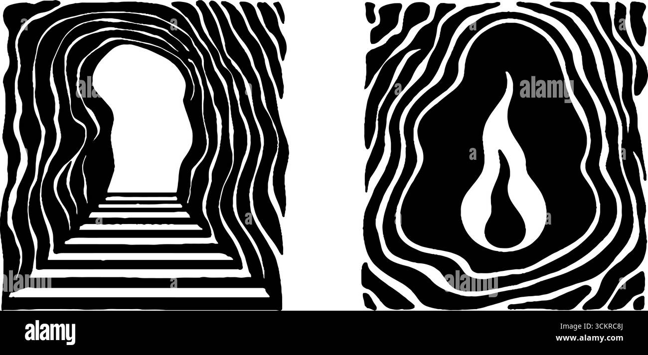 Arco astratto in grotta e fiamma della torcia nel design in arenaria. Illustrazione Vettoriale