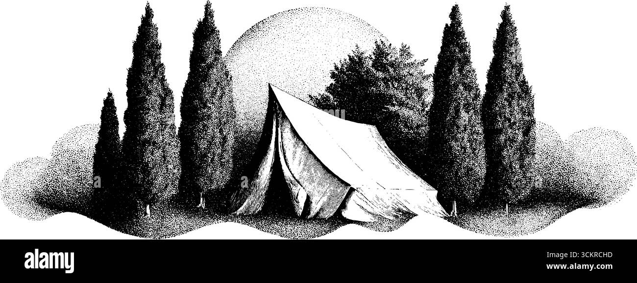 Scena boschiva in stile tatuaggio Dotwork con tenda luminosa. Illustrazione Vettoriale