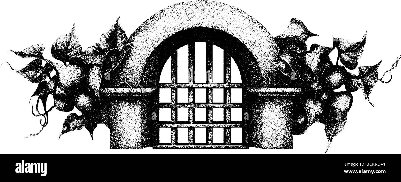 Cancello da giardino con edera tortuosa in stile tatuaggio a vista per uso artistico. Illustrazione Vettoriale