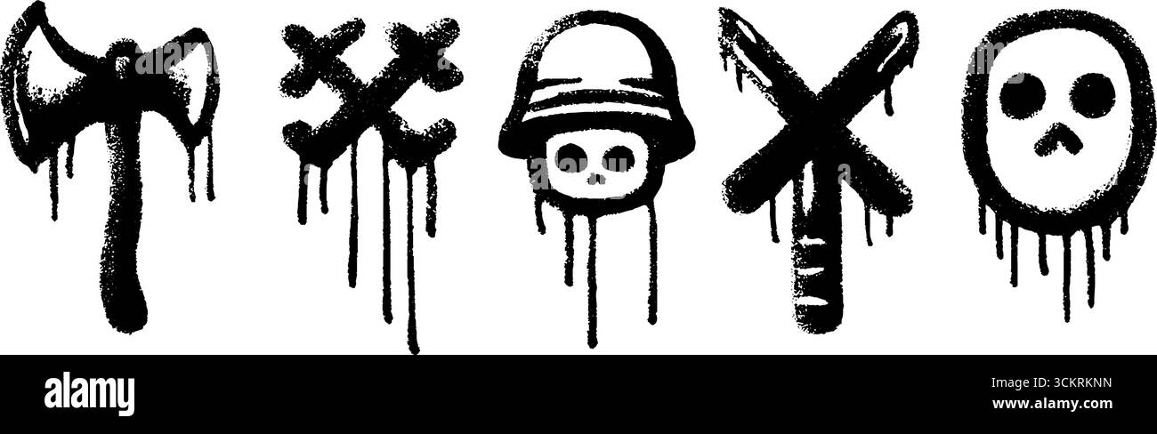 Ascia, scudo e casco in stile graffiti con motivo teschio per disegni di arte urbana. Illustrazione Vettoriale