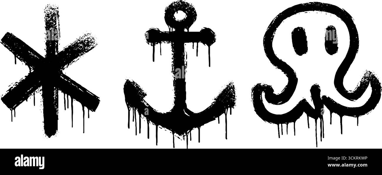 Graffiti nautici con ancora, tentacoli e simboli della bussola per il design urbano. Illustrazione Vettoriale
