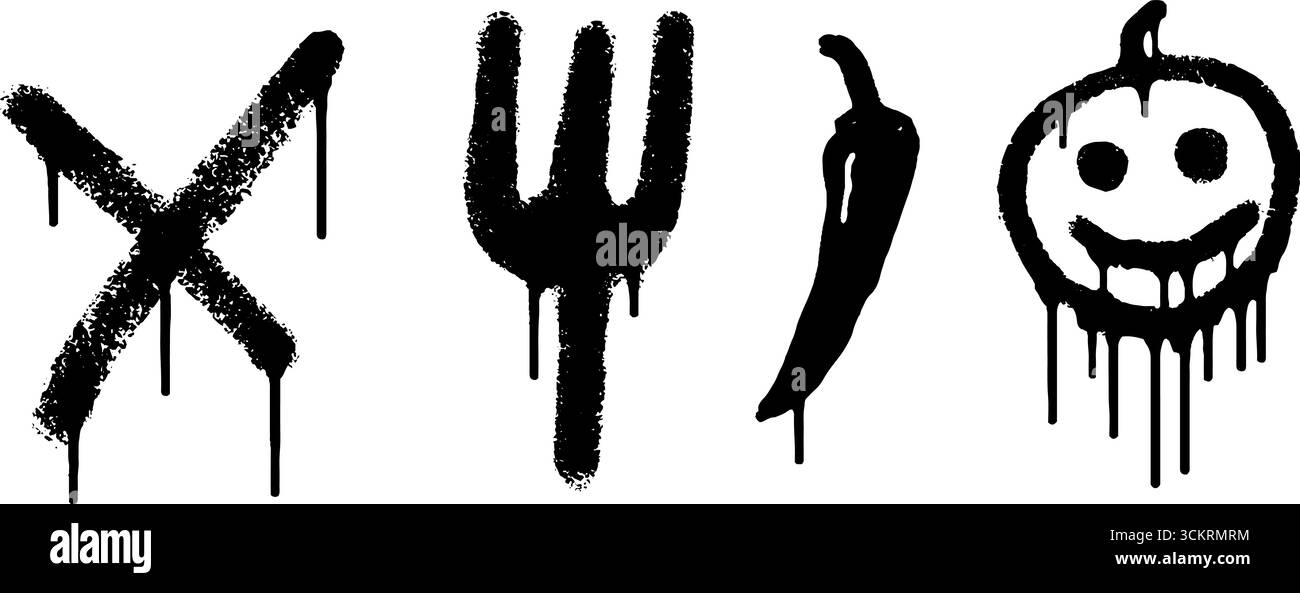 Graffiti urbani con forchetta, bandana, peperoncino e zucca sorridente. Illustrazione Vettoriale