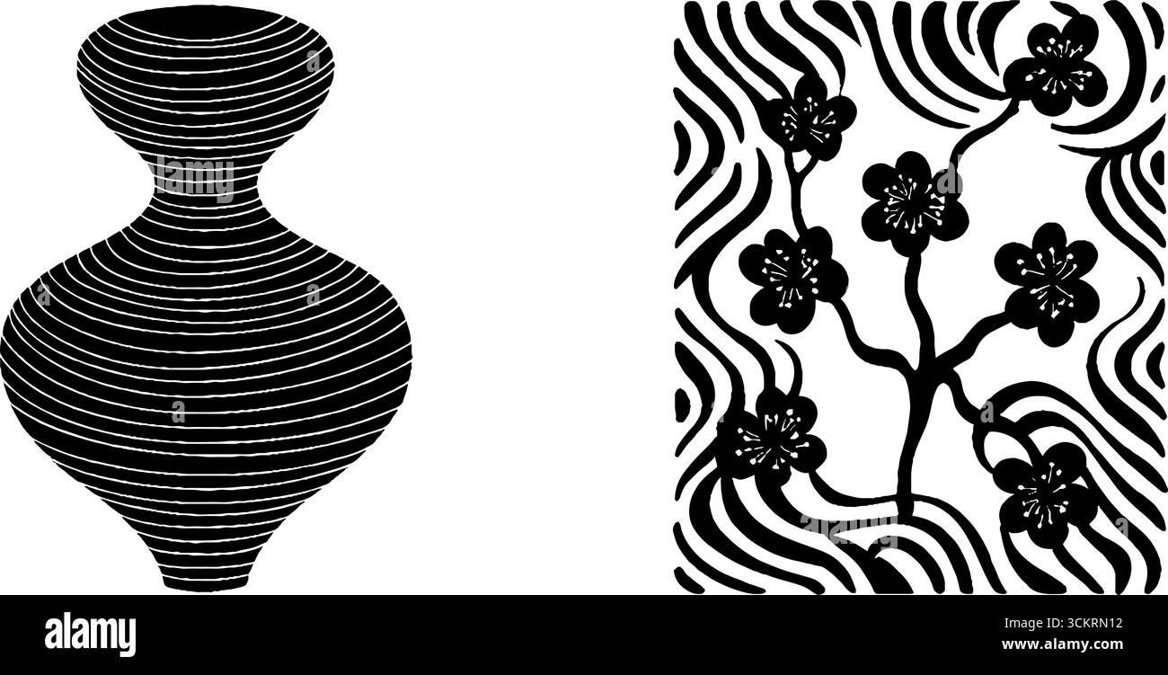 Motivi orientali con fiori di ciliegio e design in vaso per la stampa e la decorazione. Illustrazione Vettoriale