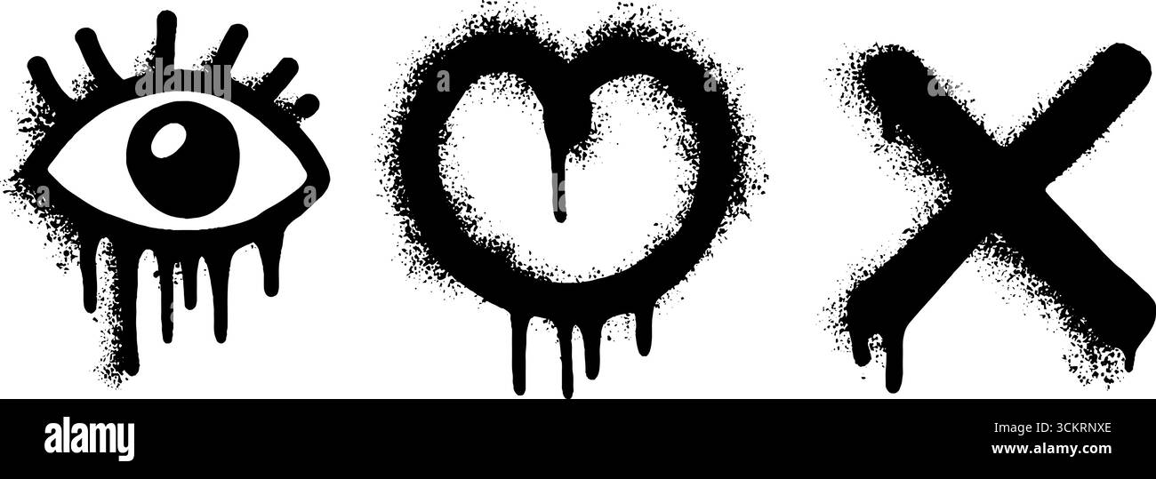 Simboli artistici di graffiti urbani con design a occhio, cuore e croce per progetti creativi. Illustrazione Vettoriale