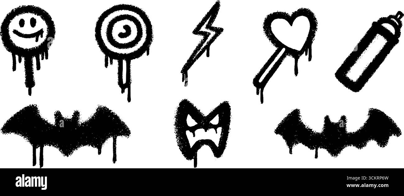 Elementi di Street art: lollipop, bat, cuore, ugello spray e simboli di graffiti per il design urbano. Illustrazione Vettoriale