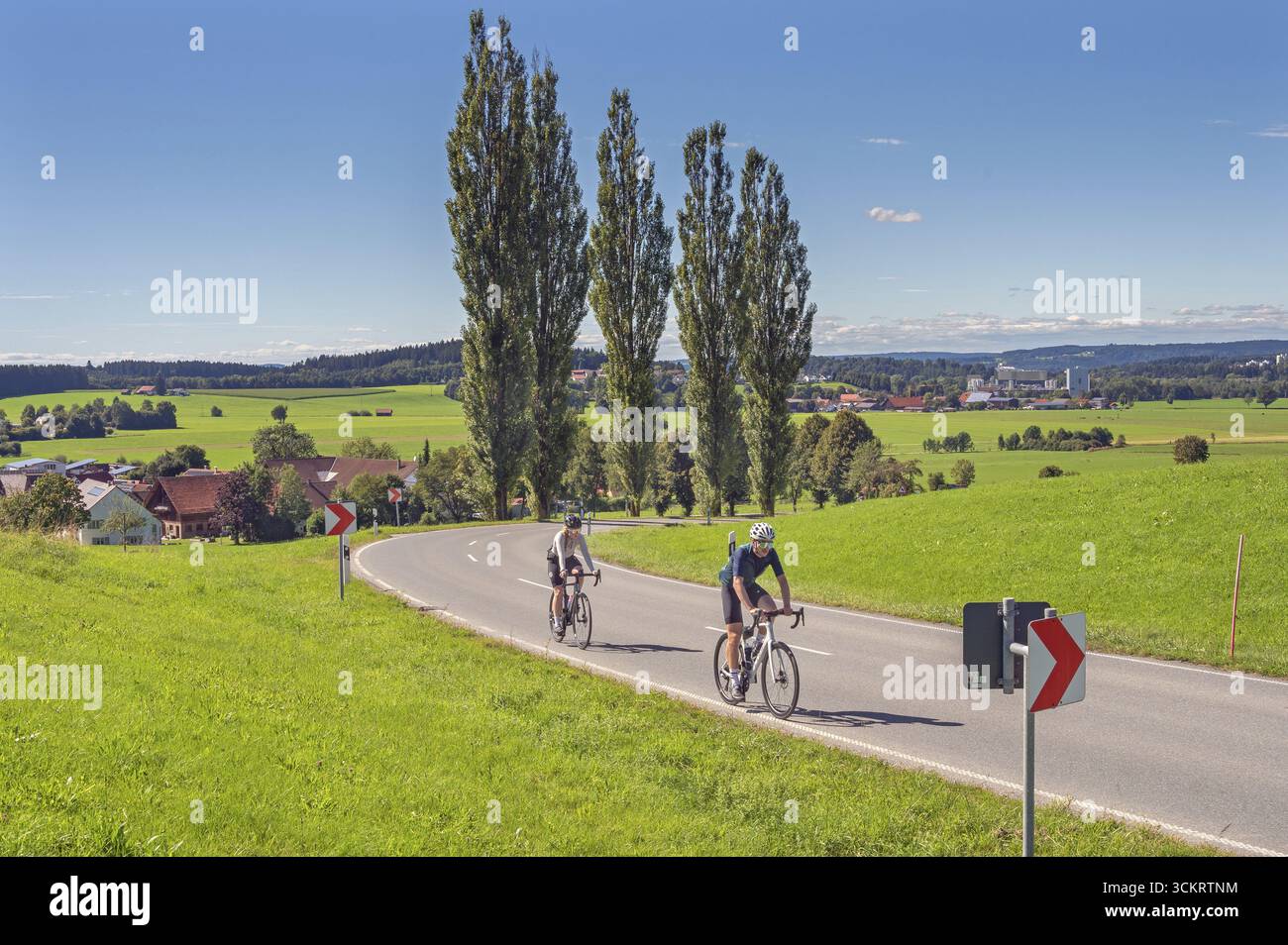Cielo blu, pioppi colonnari, pioppi appuntiti (Populus nigra 'Italica) e ciclisti su una curva di strada di campagna vicino a Wuchzenhofen, Allgaeu, Baden-Wuerttembe Foto Stock