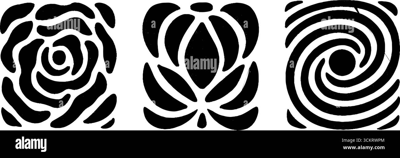 Set astratto in bianco e nero minimalista con rose, spirali e occhi per un arredamento moderno. Illustrazione Vettoriale