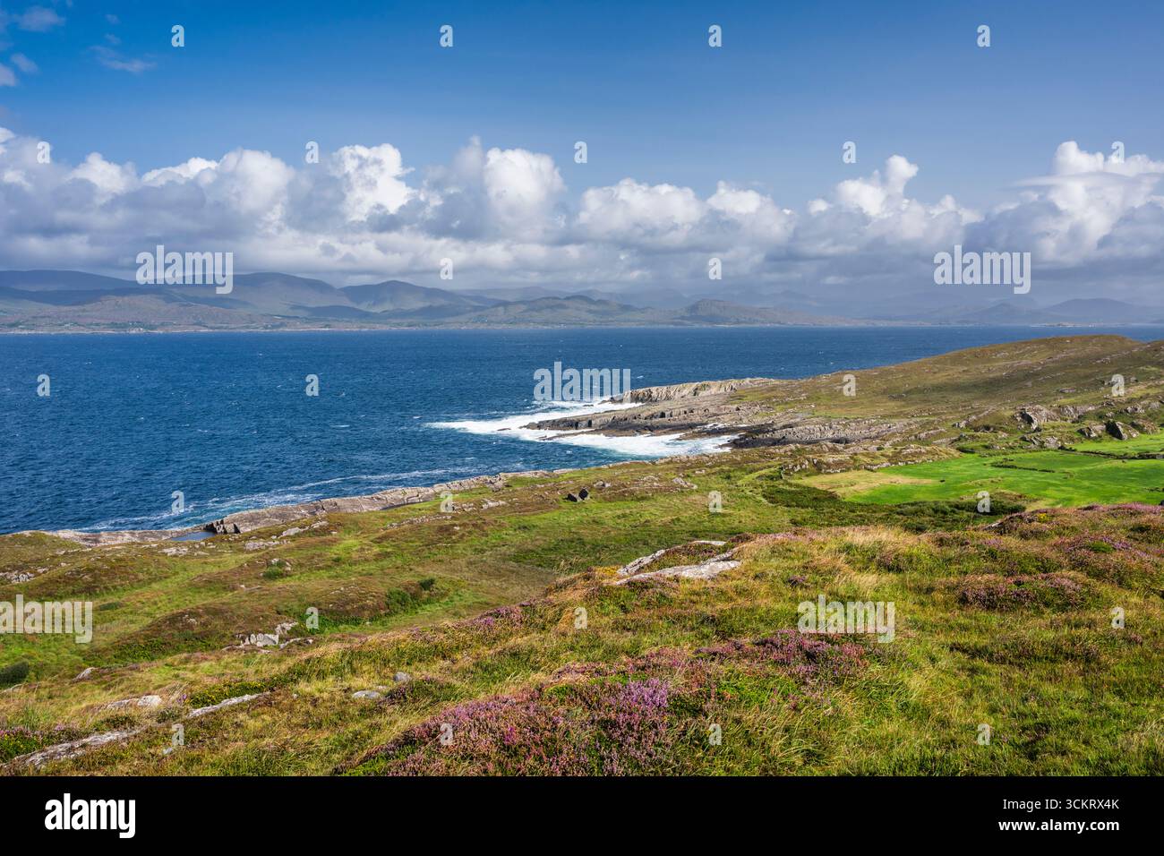 Vista da Kilcatherine, penisola di Beara, County Cork, Irlanda, attraverso Kenmare Bay per le montagne della penisola di Iveragh Foto Stock