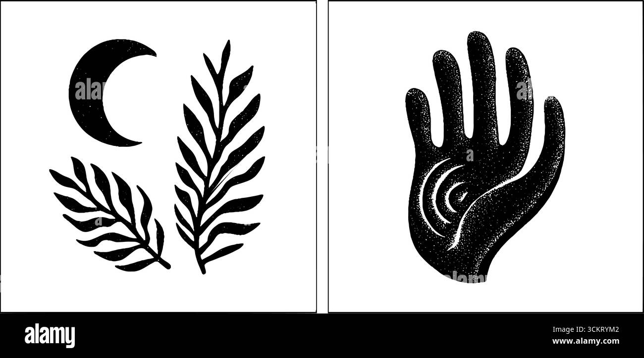 Luna crescente mistica e dito della strega nel design dell'arte cosmica. Illustrazione Vettoriale