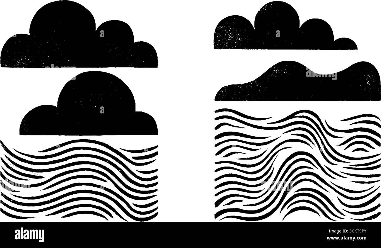 Scene oceaniche astratte in bianco e nero con nuvole e onde per un design creativo. Illustrazione Vettoriale