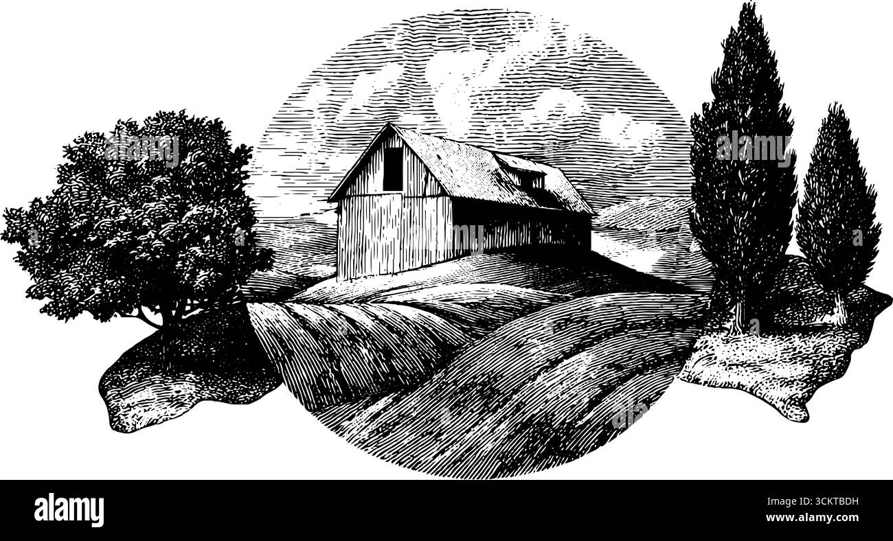 Incisione vintage di paesaggi di campagna con fienile rustico. Illustrazione Vettoriale