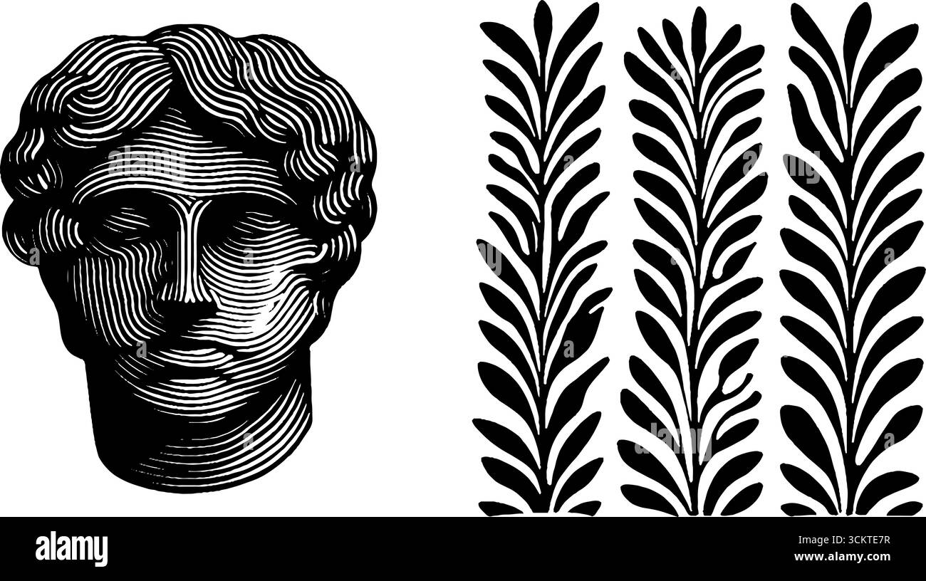 Classico busto di apollo con ornamento traballante per l'arte e il design. Illustrazione Vettoriale