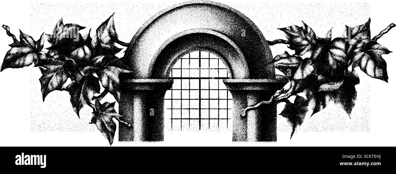 Disegno tatuaggio Dotwork di cancello del giardino con elementi edera tortuosi. Illustrazione Vettoriale