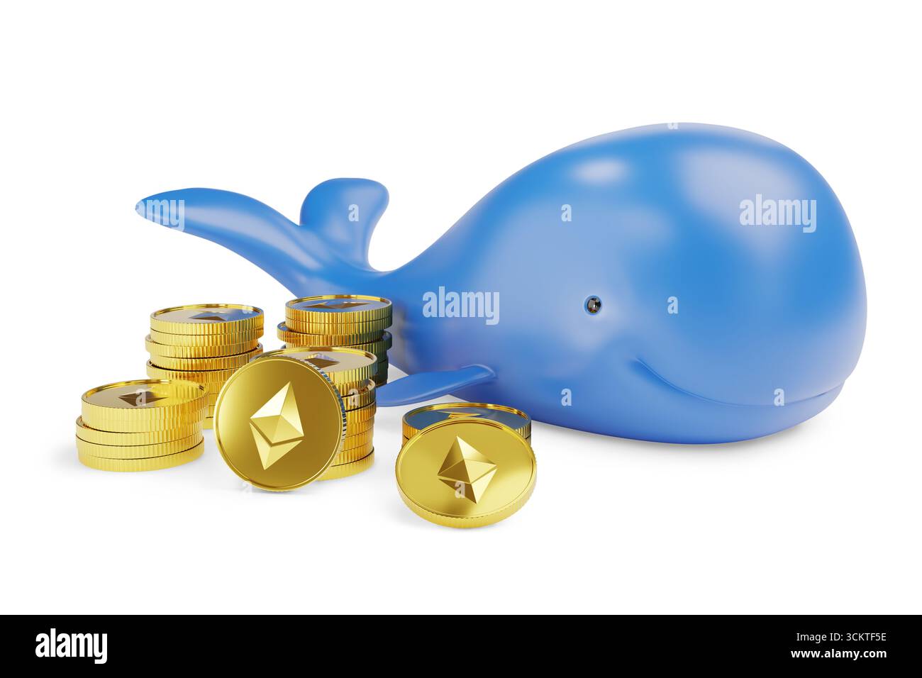Balena cartoni animati con monete di etere isolate su sfondo bianco. illustrazione 3d. Foto Stock
