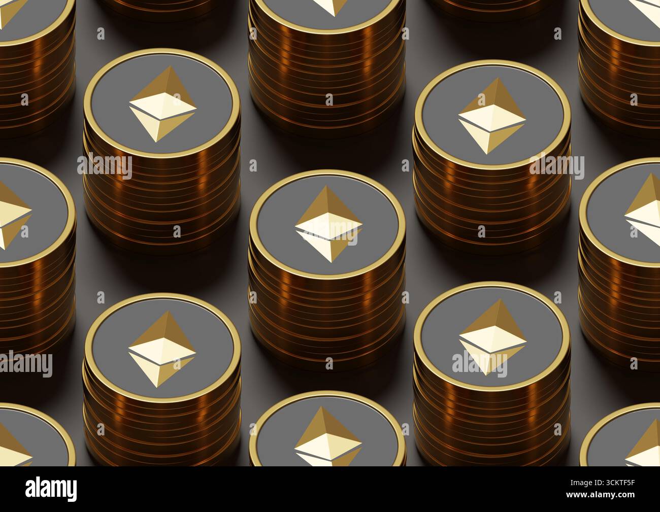 Patttern senza cuciture isometrico per monete di etere d'oro. illustrazione 3d. Foto Stock