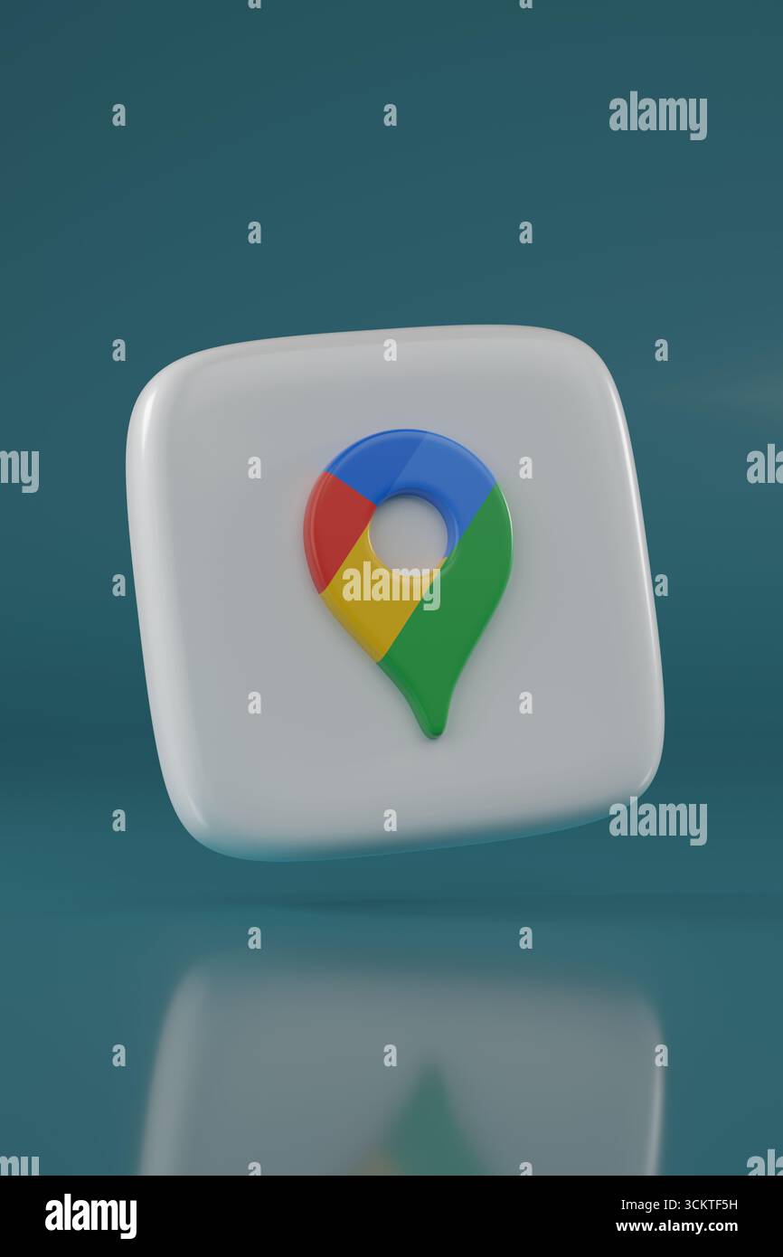 Buenos Aires, Argentina; 6 settembre 2025: Logo tridimensionale di Google Maps su sfondo blu. illustrazione 3d. Foto Stock