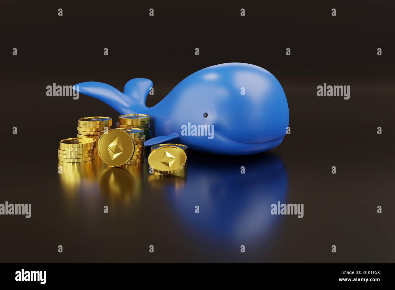 Balena cartoni animati con monete di etere con spazio copia. illustrazione 3d. Foto Stock