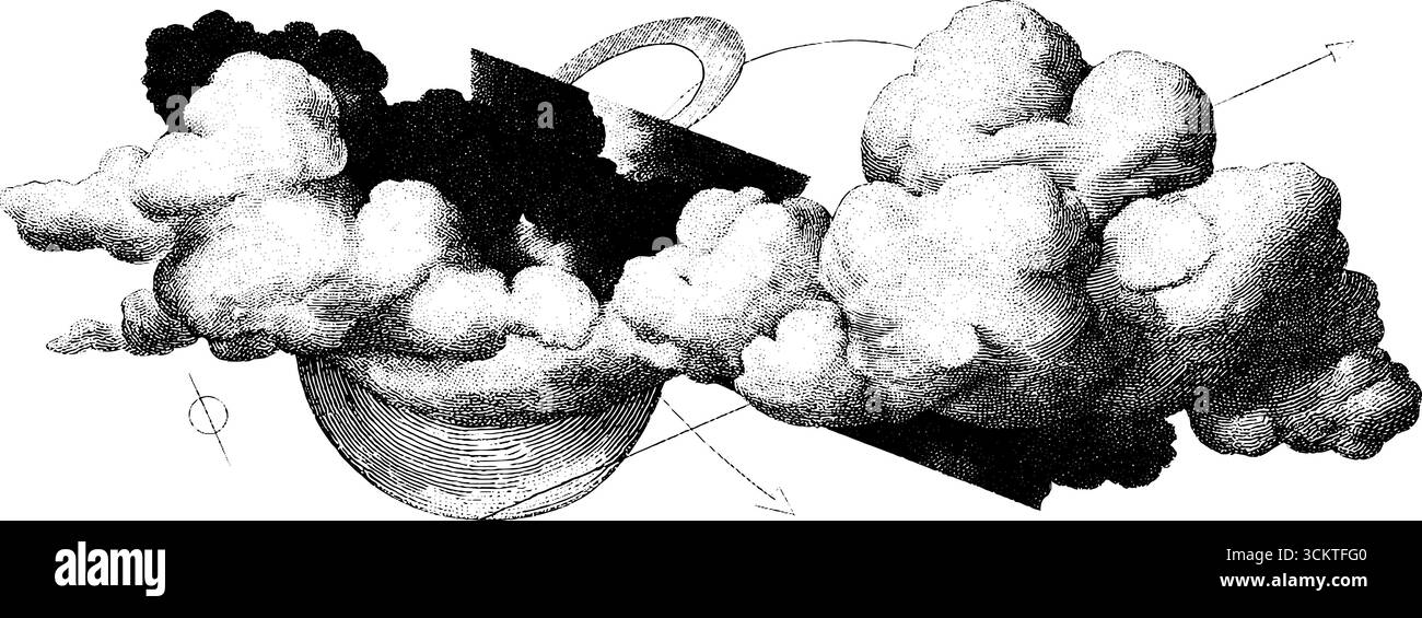 Incisione vintage di simboli di nuvole e vento con motivi geometrici per un design retrò. Illustrazione Vettoriale