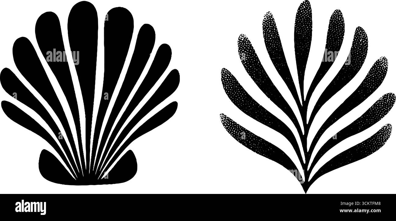 Conchiglie di vongole con tracce d'inchiostro e frammenti di corallo per un arredamento oceanico. Illustrazione Vettoriale