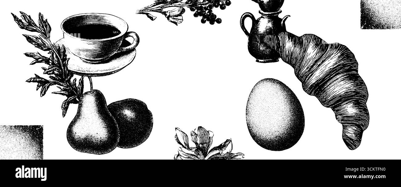 Caffè in stile vintage con incisione e contorno croissant con elementi floreali e frutta. Illustrazione Vettoriale