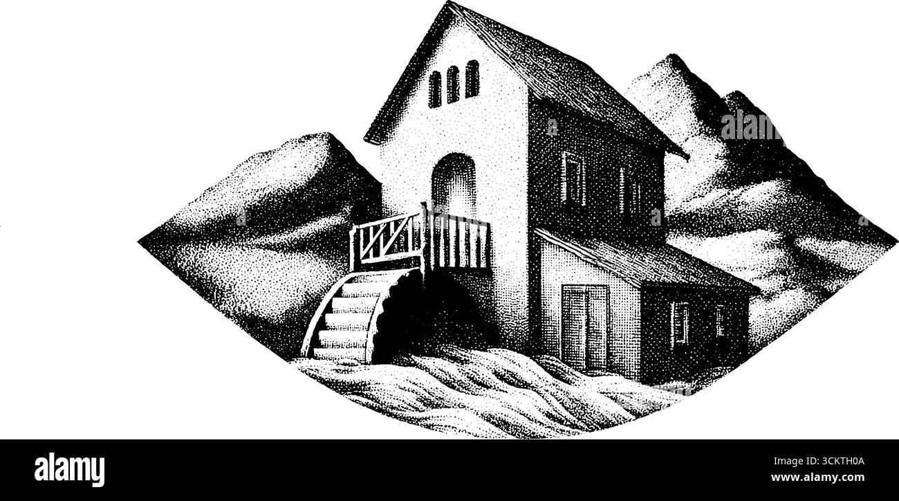 Disegno del tatuaggio Dotwork del mulino ad acqua vicino al fiume con le montagne. Illustrazione Vettoriale