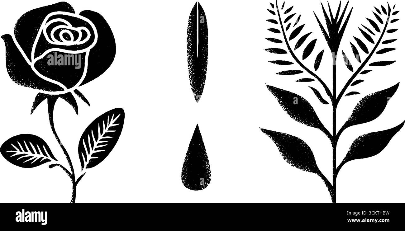 Set di tatuaggi vintage con dagger, rose e elementi di design per striscioni. Illustrazione Vettoriale