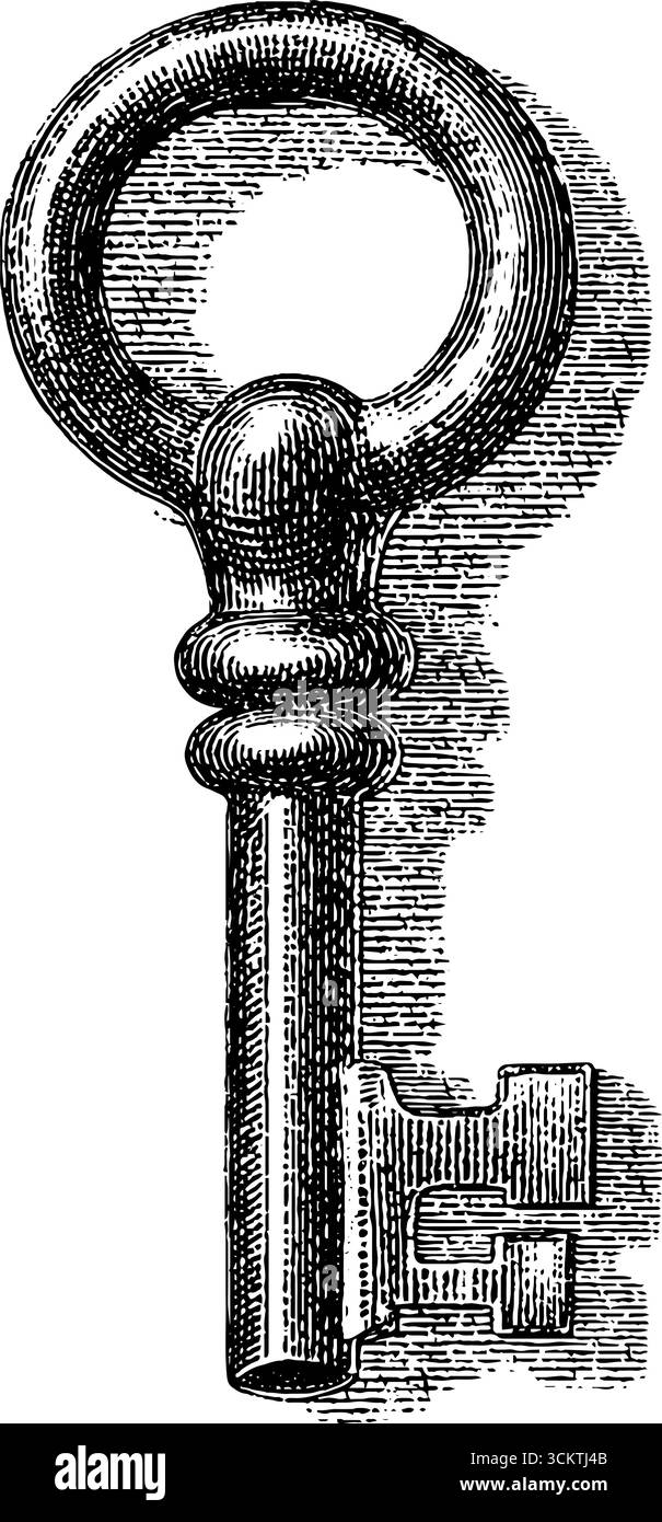 Set di chiavi vintage con incisione a matita per un design e una decorazione antichi. Illustrazione Vettoriale