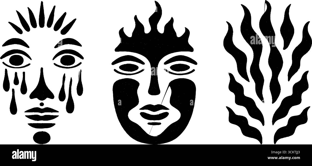 Disegni di maschere astratte con elementi gocciolanti, fiamme e motivi a zig-zag. Illustrazione Vettoriale