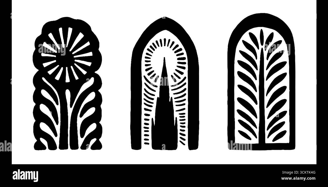 Elementi architettonici gotici: Contrafforti volanti, archi e guglie illustrati per il design. Illustrazione Vettoriale