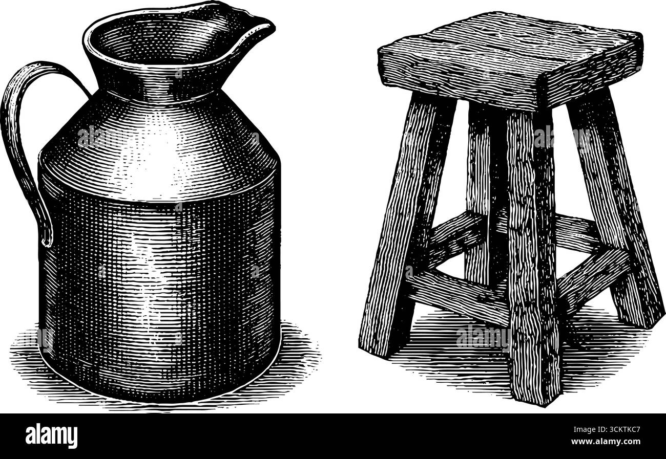 Lattina di latte e sgabello in legno con incisione vintage per un arredamento rustico. Illustrazione Vettoriale