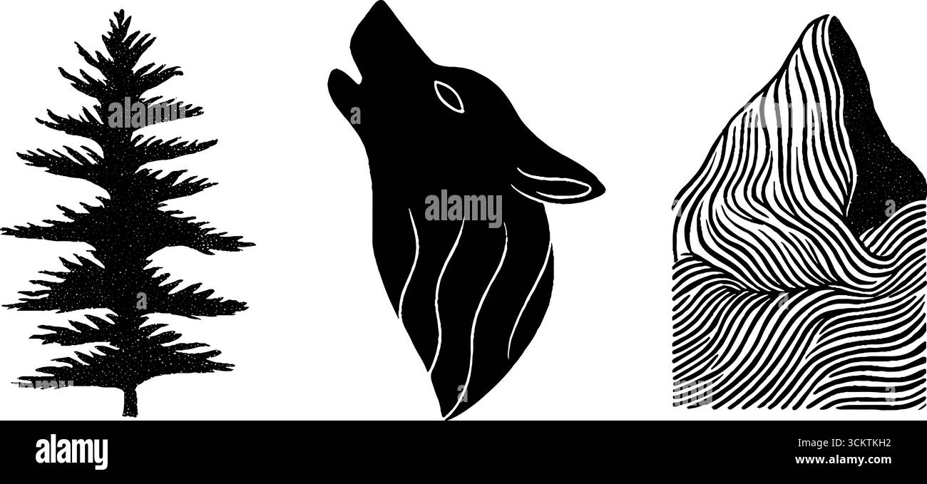 Elementi della natura selvaggia: Silhouette di lupo ulululante, albero e design di montagna per un'arte ispirata alla natura. Illustrazione Vettoriale