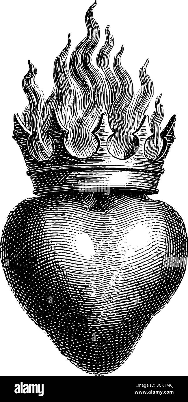 Cuore fiammeggiante vintage con corona in stile incisivo per un design e decorazioni retrò. Illustrazione Vettoriale