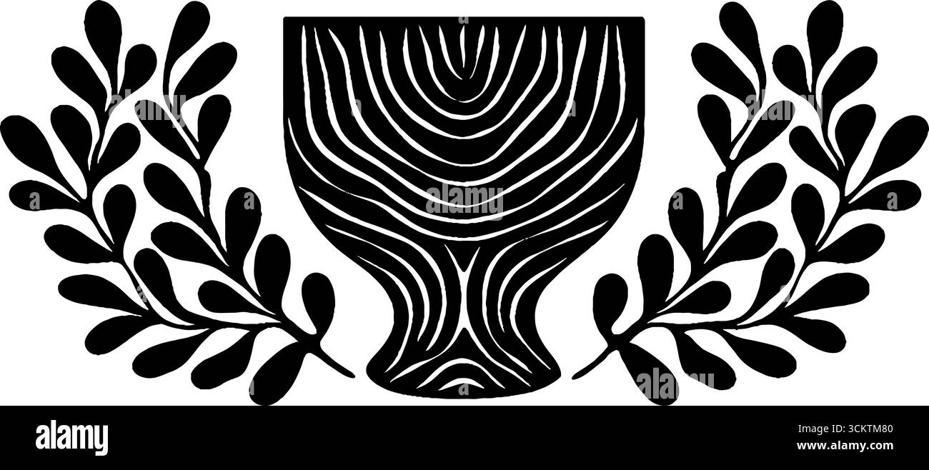 Antica tazza in kylix con manici simmetrici e design con ramoscello d'oliva per uso decorativo. Illustrazione Vettoriale