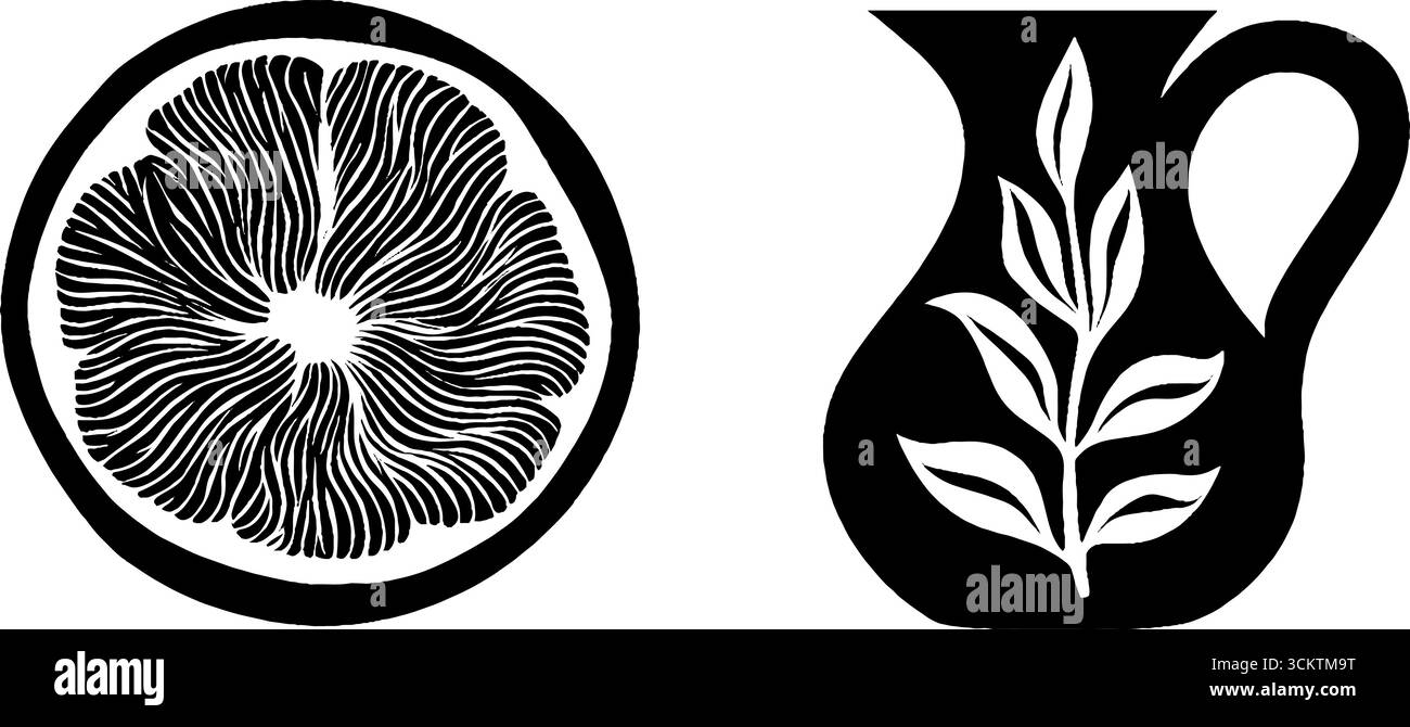 Design monocromatico con fetta di limone, caraffa in ceramica e ciuffo di erbe. Illustrazione Vettoriale