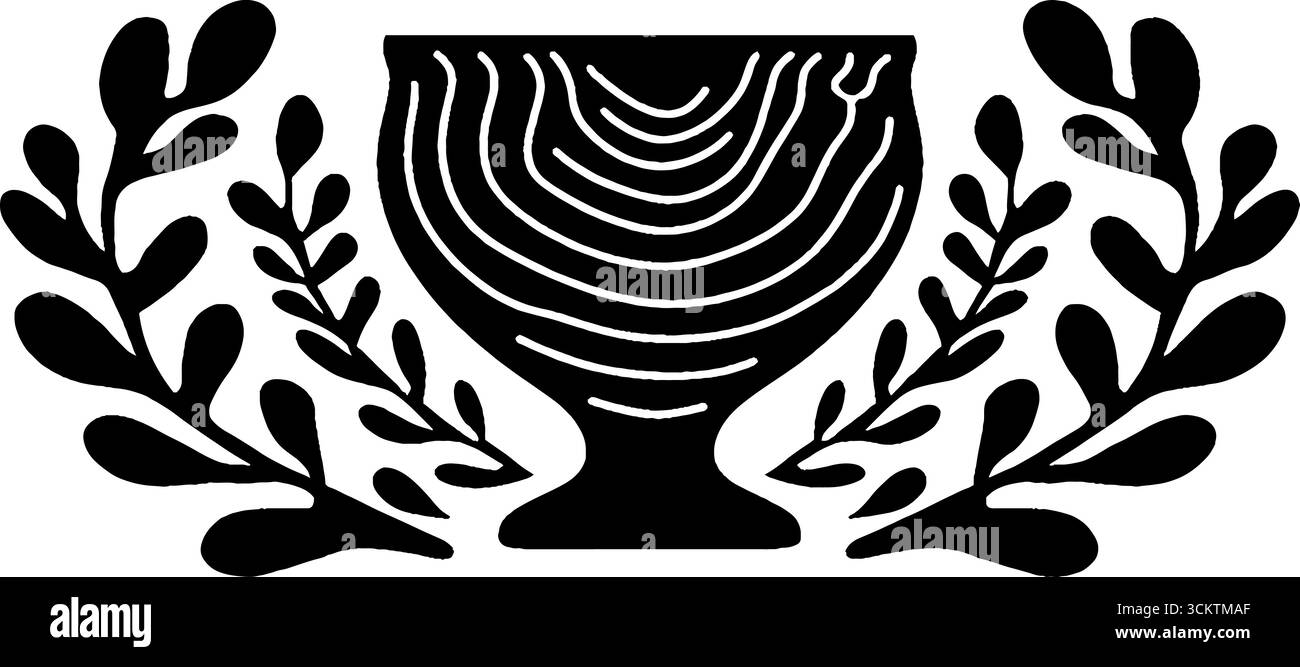 Elegante tazza in kylix con manici simmetrici e foglie decorative. Illustrazione Vettoriale